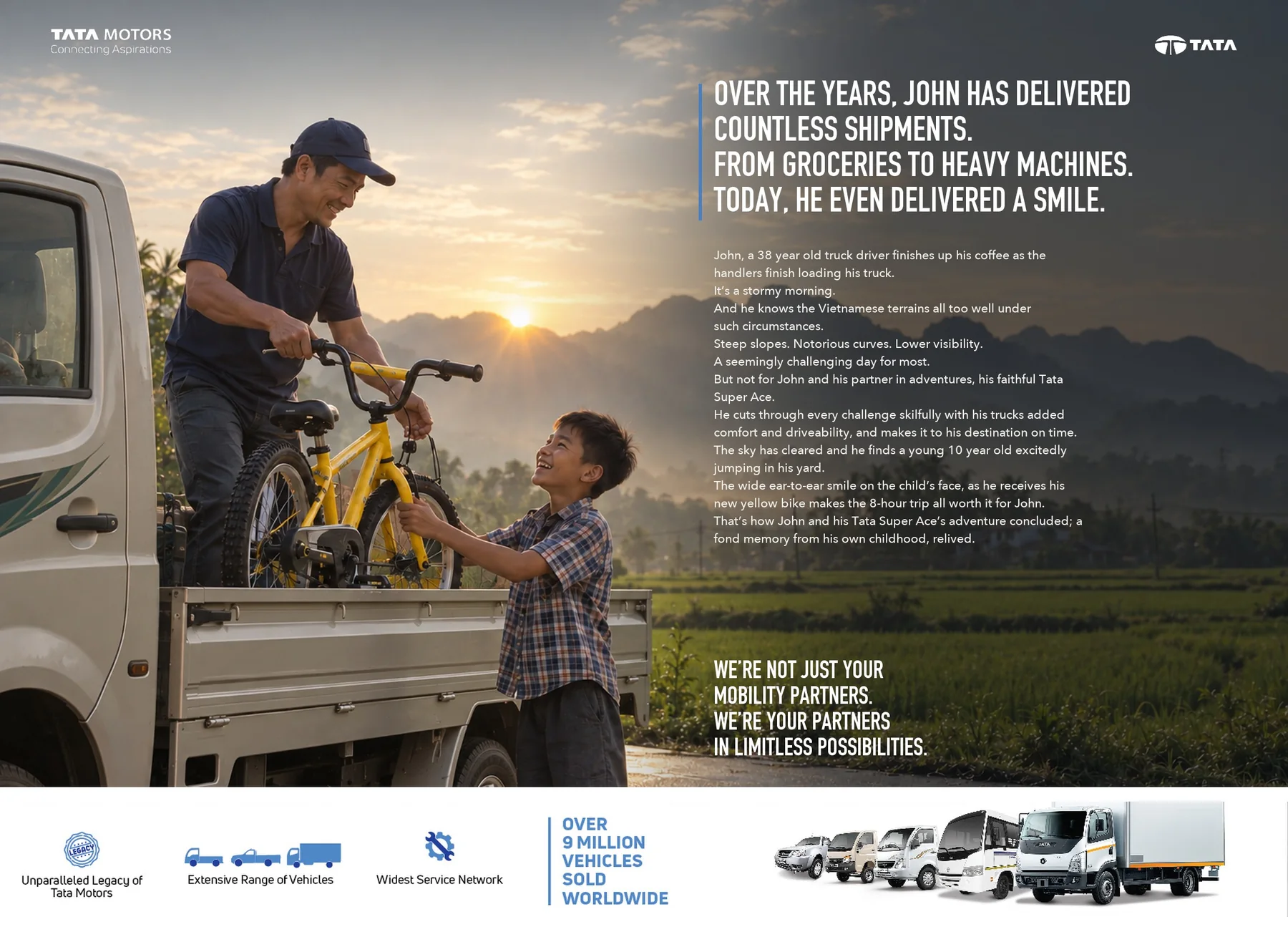Long-copy print ad: John delivers a yellow bicycle
